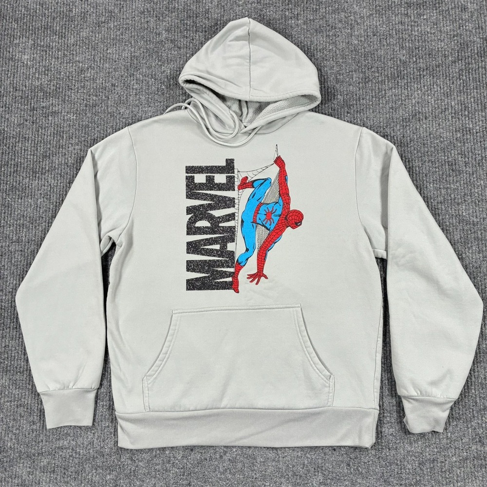 Marvel Spider-Man Mens M Gray Pullover Hoodie Graphic Sweatshirt Fleece
